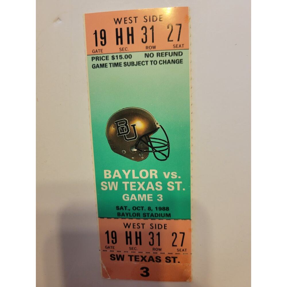 October 8, 1988 Baylor vs SW‎ Texas St. Football Game 3 West Side Ticket Stub